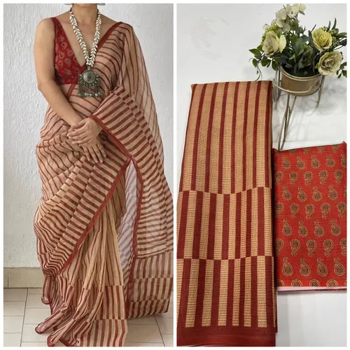 Soft Munga Kota Cotton Checks Saree with Beautiful Prints & Contrast Blouse